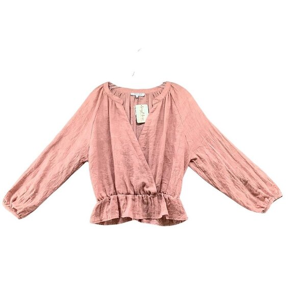 NWT Long Sleeve Blouse Womens L Gauze Faux Wrap Peplum Pink Lightweight Boho - Picture 1 of 11